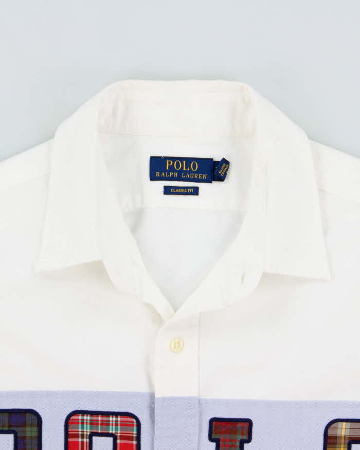 Vintage Polo Ralph Lauren Chambray Stripe Embroidered Tartan Spell Out Classic Fit Long Sleeve Oxford Shirt - L