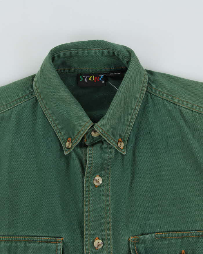 Vintage 1990s Stone Pine Green Contrast Stitch Long Sleeve Denim Shirt - L
