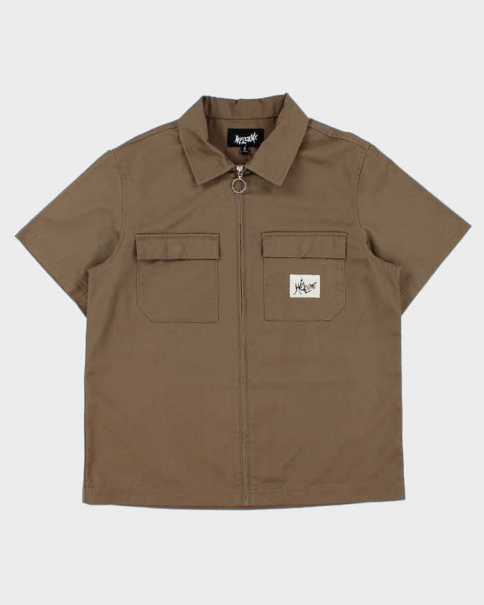 Welcome Skateboards Khaki Twill Canvas Short Sleeve Zip Shirt - S