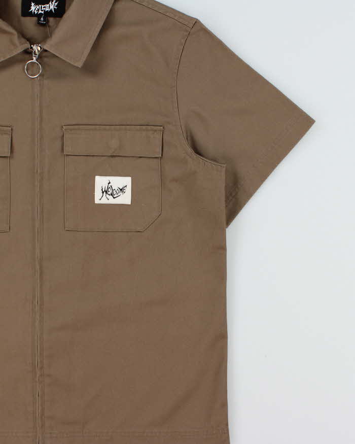Welcome Skateboards Khaki Twill Canvas Short Sleeve Zip Shirt - S