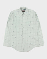 Vintage 1970s Van Heusen Pale Blue Floral Check Dual Dress Sport Long Sleeve Shirt - M