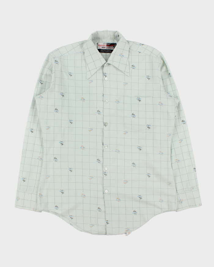 Vintage 1970s Van Heusen Pale Blue Floral Check Dual Dress Sport Long Sleeve Shirt - M