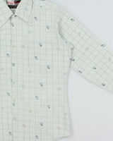Vintage 1970s Van Heusen Pale Blue Floral Check Dual Dress Sport Long Sleeve Shirt - M