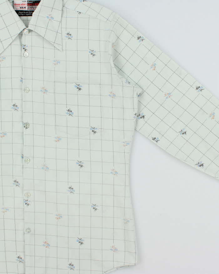 Vintage 1970s Van Heusen Pale Blue Floral Check Dual Dress Sport Long Sleeve Shirt - M