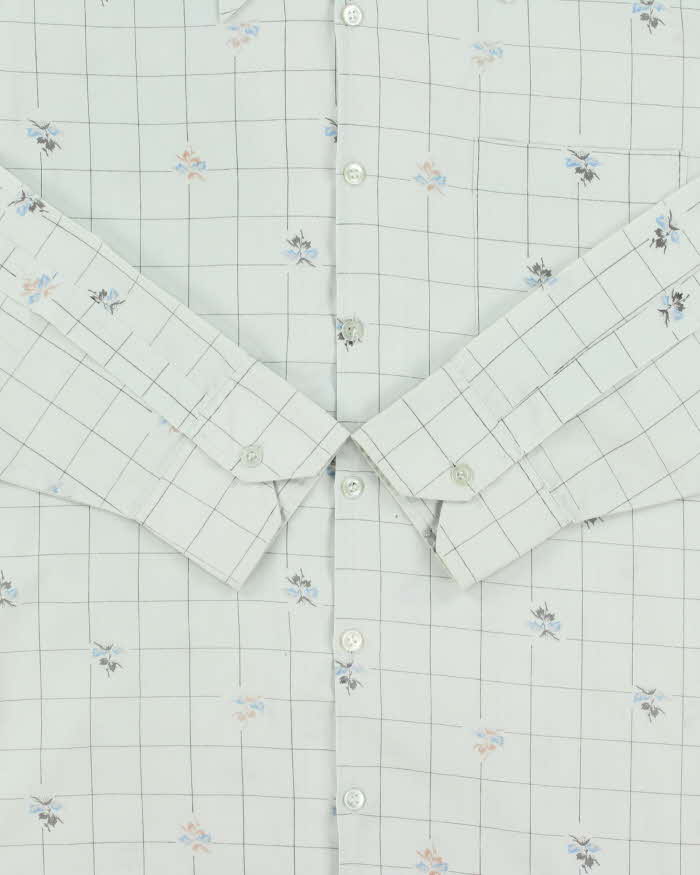 Vintage 1970s Van Heusen Pale Blue Floral Check Dual Dress Sport Long Sleeve Shirt - M