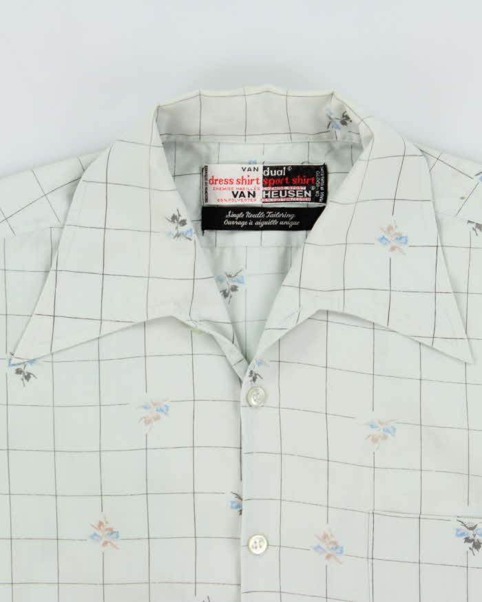 Vintage 1970s Van Heusen Pale Blue Floral Check Dual Dress Sport Long Sleeve Shirt - M