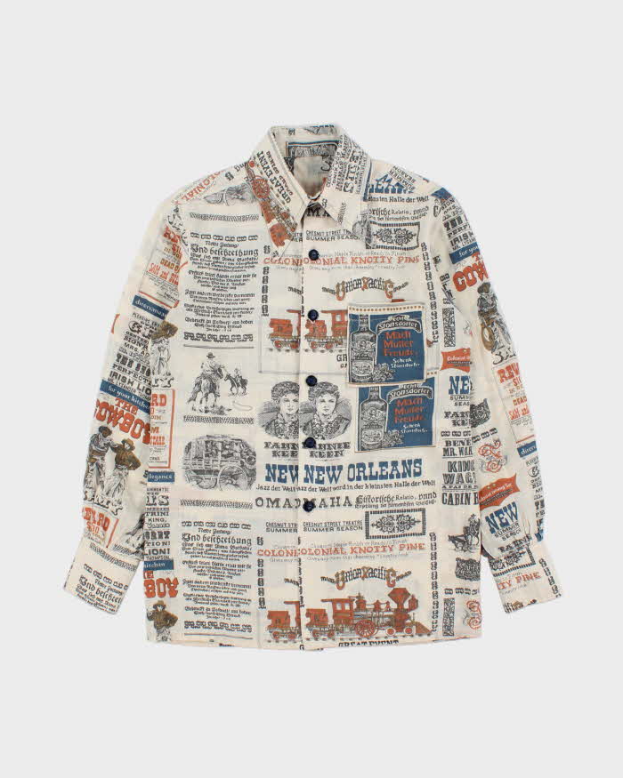 Vintage 1970s Mid Western Headline Newspaper Print Long Sleeve Shirt - S