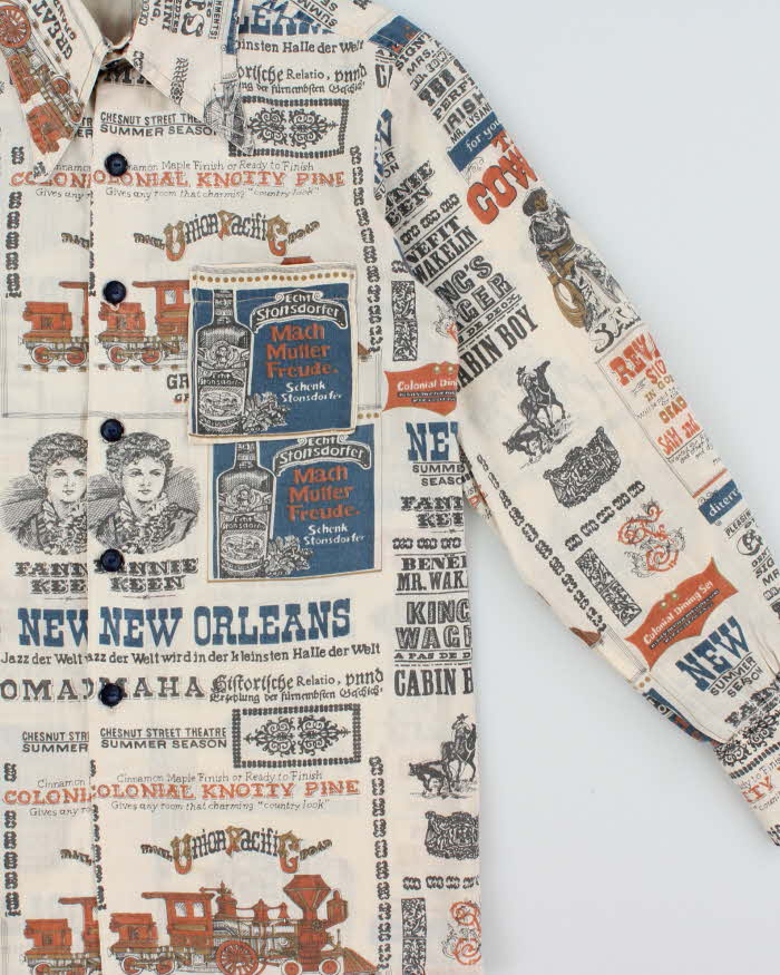 Vintage 1970s Mid Western Headline Newspaper Print Long Sleeve Shirt - S