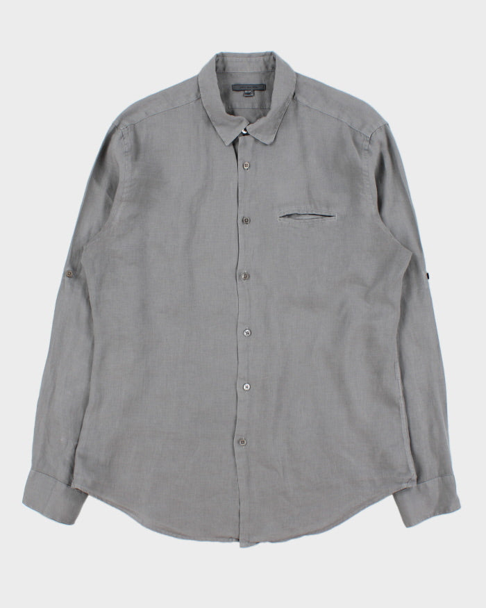 Vintage Y2K 00s John Varatos Slate Grey Linen Long Sleeve Pocket Shirt - L