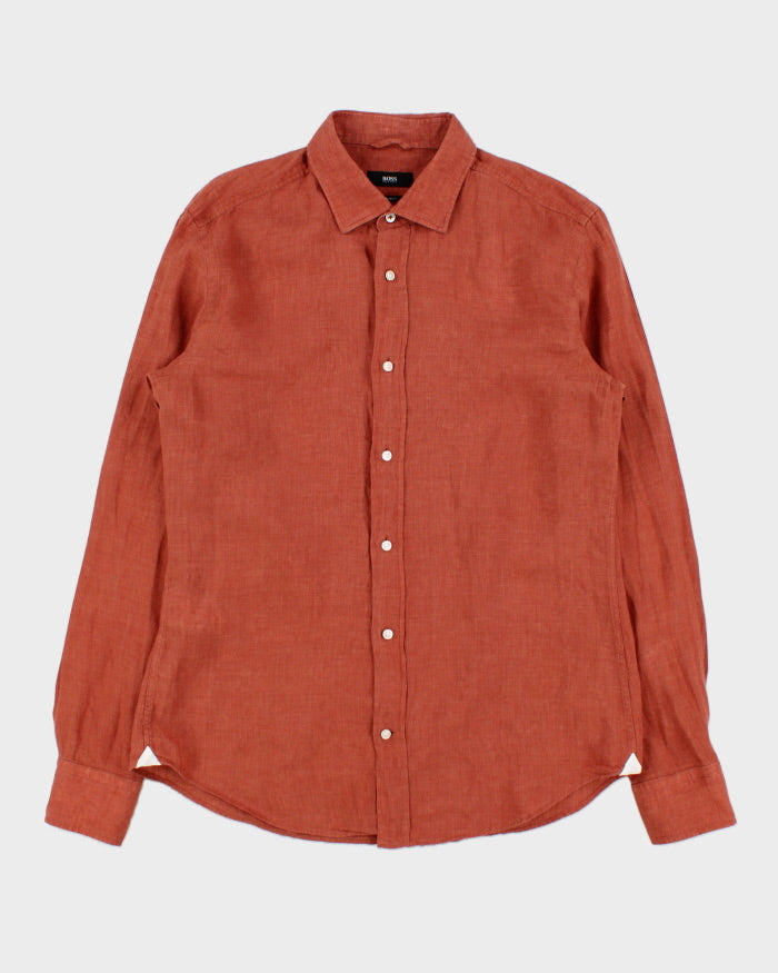 Vintage Hugo Boss Terracotta Linen Slim Fit Long Sleeve Shirt - M