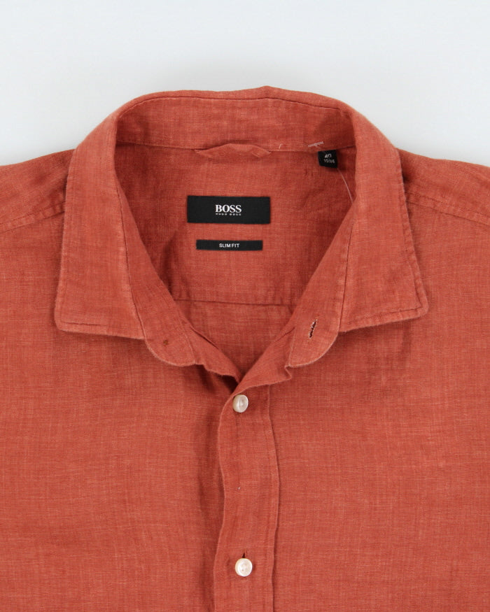 Vintage Hugo Boss Terracotta Linen Slim Fit Long Sleeve Shirt - M