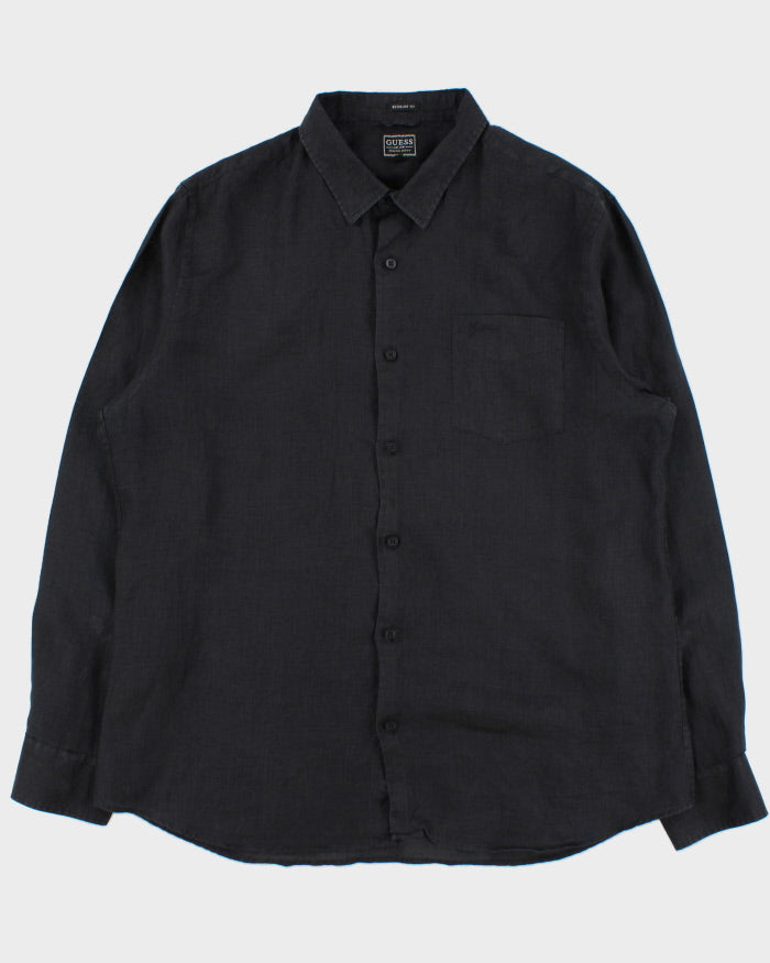 Vintage Y2K 00s Guess Embroidered Linen Regular Fit Long Sleeve Pocket Shirt - XL