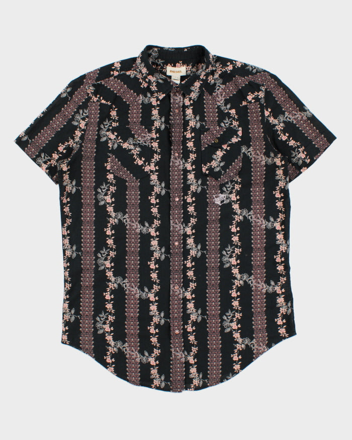 Vintage Y2K 00s Diesel Floral Striped Pearl Snap Button Short Sleeve Western Shirt - L