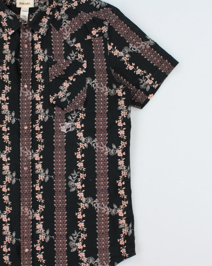 Vintage Y2K 00s Diesel Floral Striped Pearl Snap Button Short Sleeve Western Shirt - L