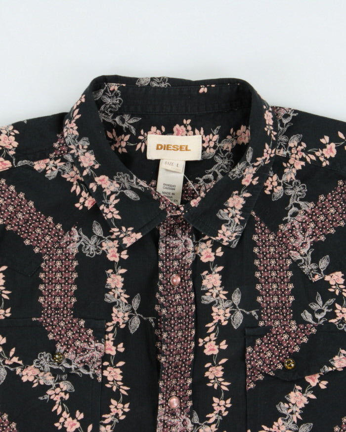 Vintage Y2K 00s Diesel Floral Striped Pearl Snap Button Short Sleeve Western Shirt - L