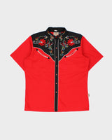 Vintage Y2K 00s Dragonfly Pearl Snap Button Chain Stitch Short Sleeve Western Shirt - L
