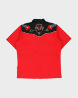 Vintage Y2K 00s Dragonfly Pearl Snap Button Chain Stitch Short Sleeve Western Shirt - L