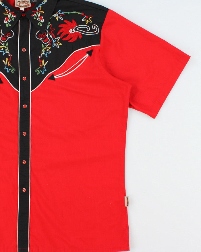 Vintage Y2K 00s Dragonfly Pearl Snap Button Chain Stitch Short Sleeve Western Shirt - L