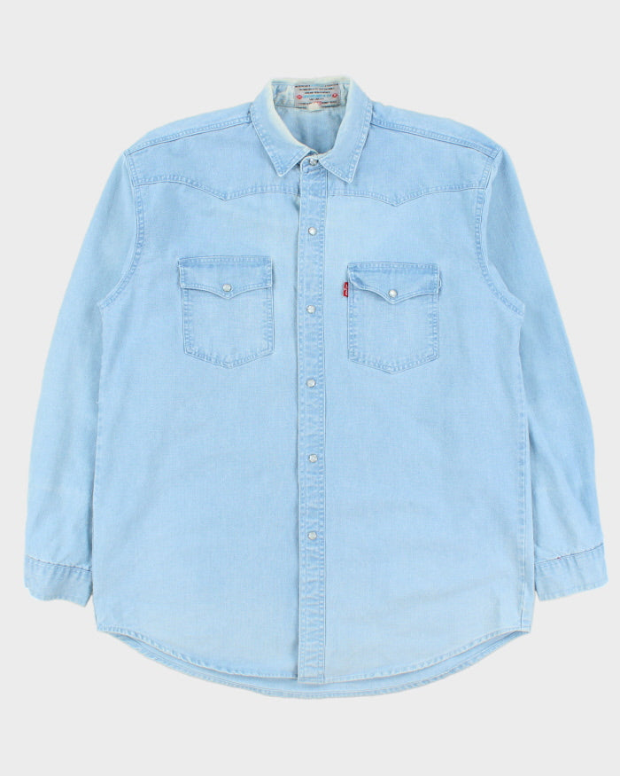 Vintage 1980s Levi's Jeans Cult Made In USA Light Wash Denim Pearl Snap Button Long Sleeve Western Shirt - L