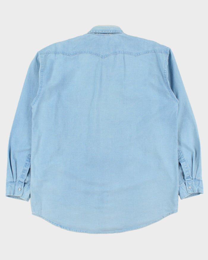 Vintage 1980s Levi's Jeans Cult Made In USA Light Wash Denim Pearl Snap Button Long Sleeve Western Shirt - L