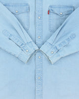 Vintage 1980s Levi's Jeans Cult Made In USA Light Wash Denim Pearl Snap Button Long Sleeve Western Shirt - L