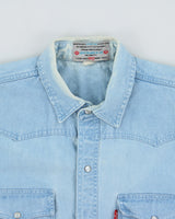 Vintage 1980s Levi's Jeans Cult Made In USA Light Wash Denim Pearl Snap Button Long Sleeve Western Shirt - L