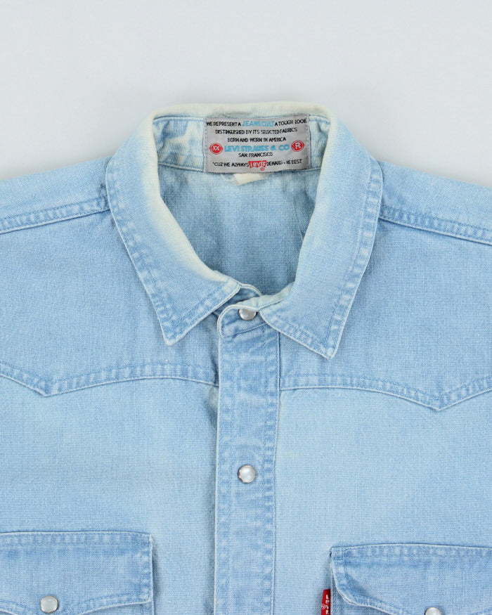 Vintage 1980s Levi's Jeans Cult Made In USA Light Wash Denim Pearl Snap Button Long Sleeve Western Shirt - L
