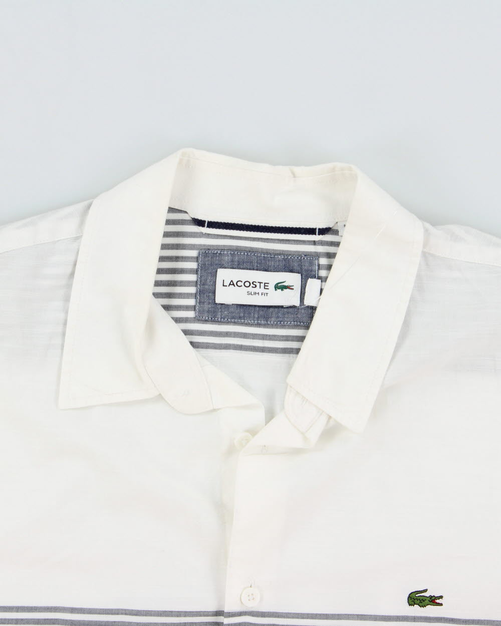 Vintage Lacoste Striped Classic Croc Linen Look Slim Fit Short Sleeve Shirt - M