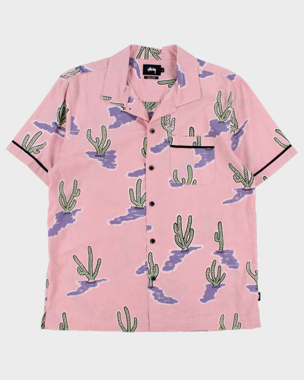 Vintage Stussy Baby Pink Cactus Print Short Sleeve Camp Collar Pocket Shirt - L