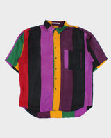 Vintage Y2K 00s Perry Ellis Multicoloured Striped Silk Short Sleeve Shirt - XL