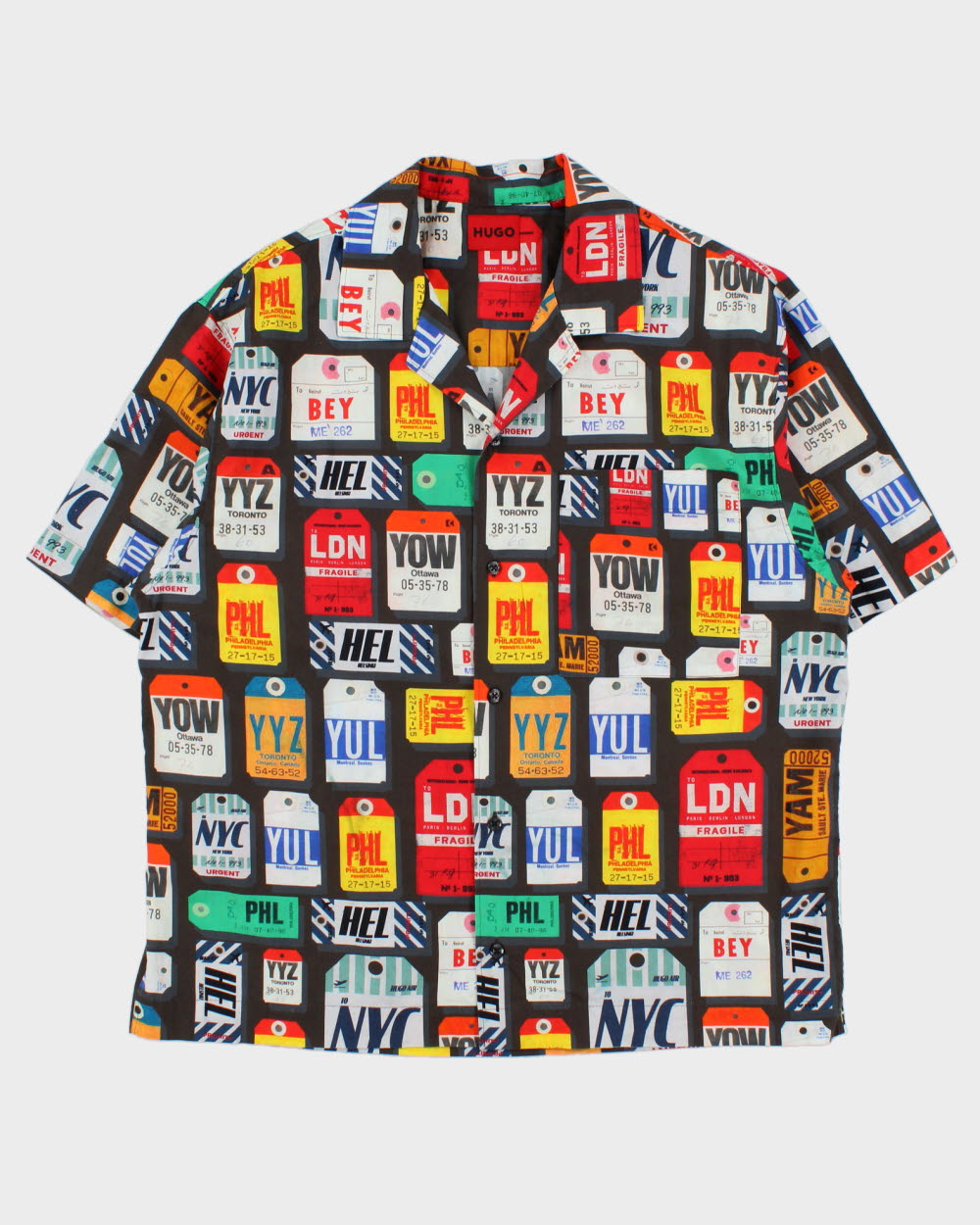 Hugo Boss Egeeno Oversized International Tag Print Cuban Collar Shirt - S