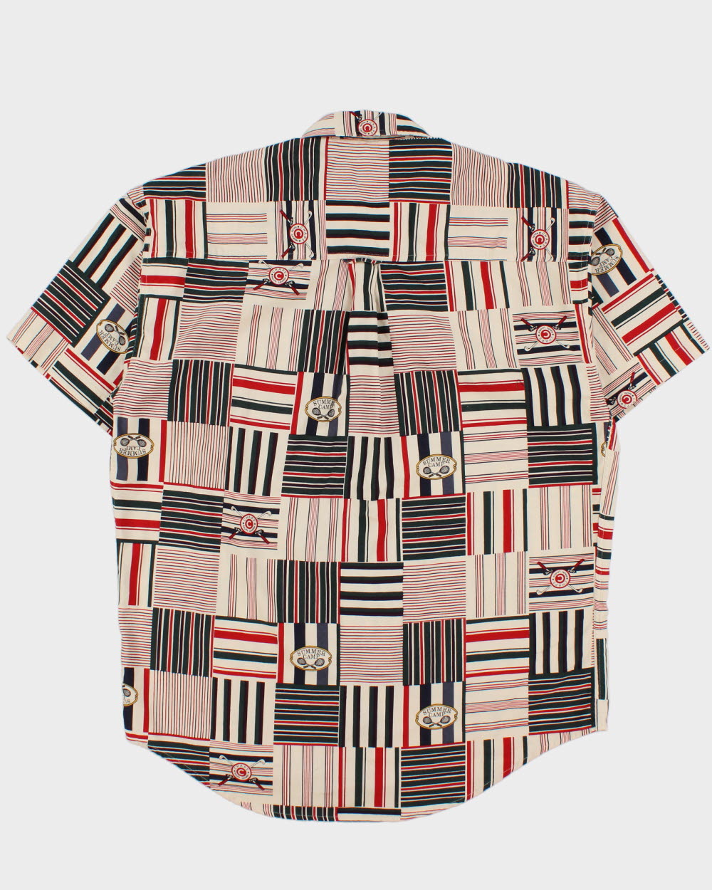 Vintage Y2K 00s Ralph Lauren Chaps Summer Camp Patch Striped Relaxed Fit Short Sleeve Shirt - L