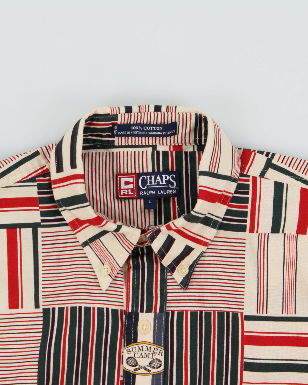 Vintage Y2K 00s Ralph Lauren Chaps Summer Camp Patch Striped Relaxed Fit Short Sleeve Shirt - L
