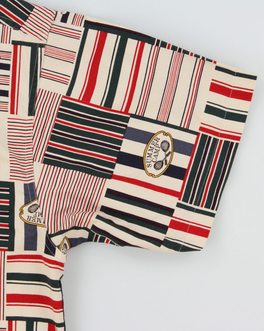 Vintage Y2K 00s Ralph Lauren Chaps Summer Camp Patch Striped Relaxed Fit Short Sleeve Shirt - L