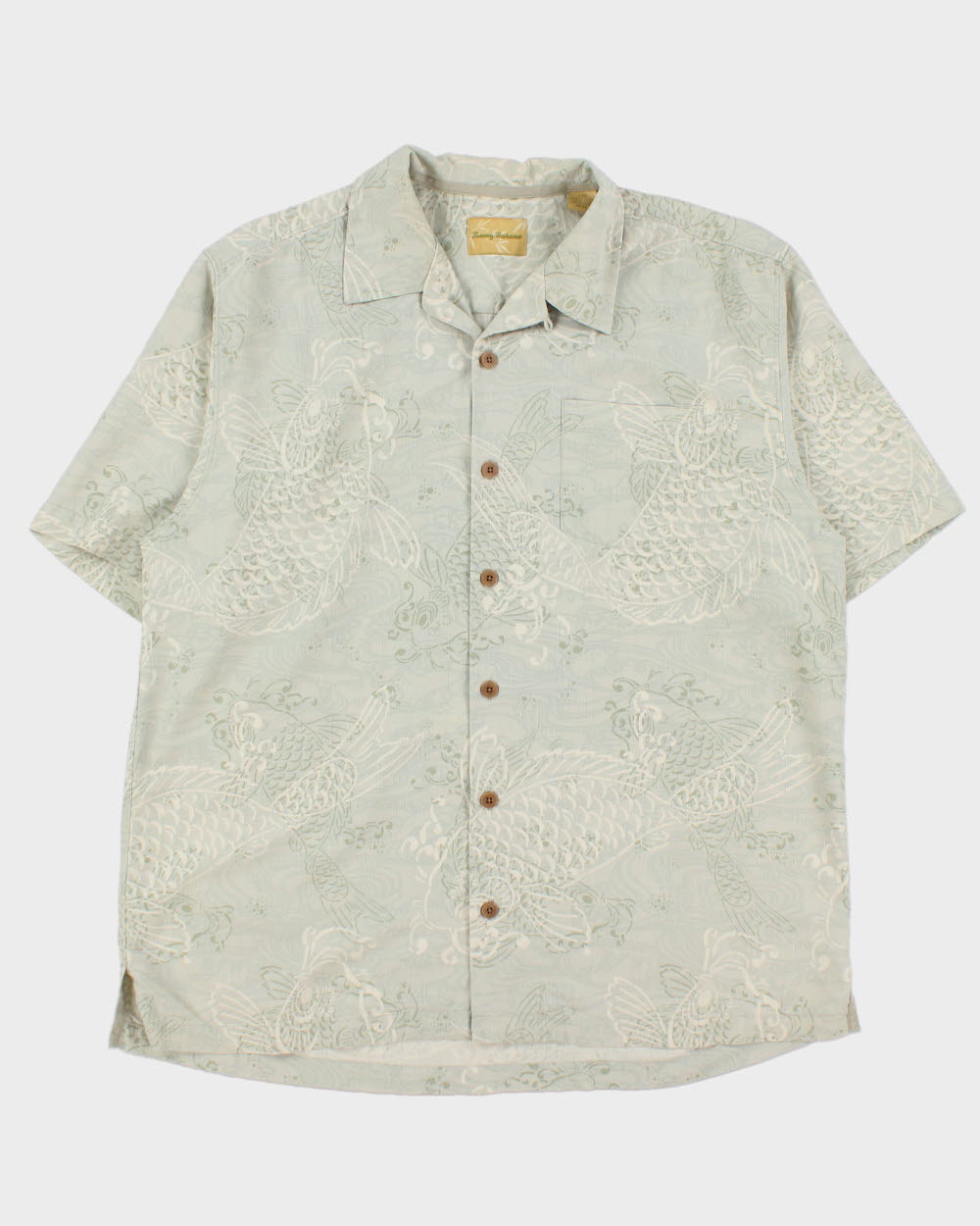 Vintage Tommy Bahama Eggshell Blue Silk Koi Carp Hawaiian Shirt - L