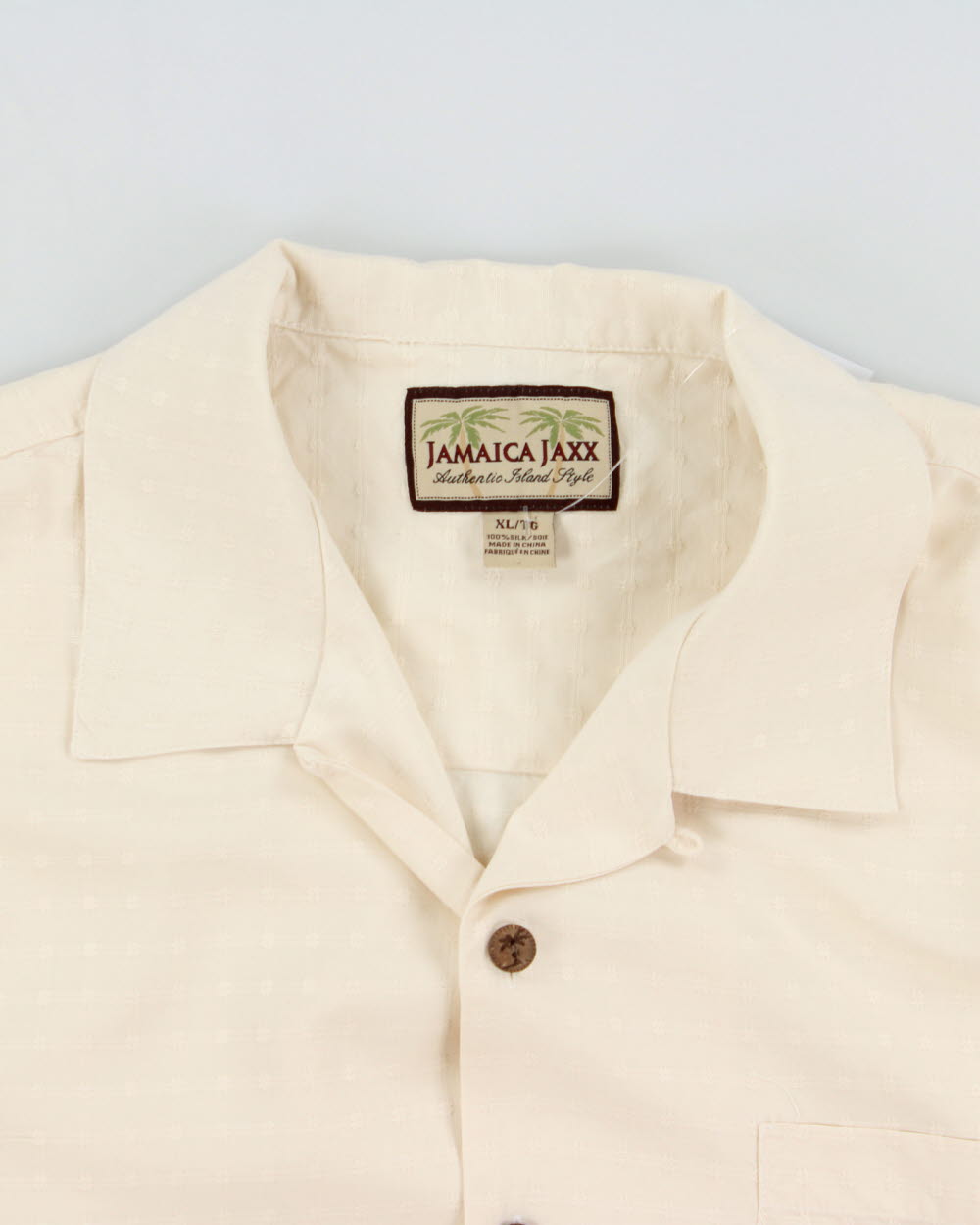 Vintage Y2K 00s Tommy Bahama Cream Silk Embroidered Grid Check Hawaiian Shirt - XL
