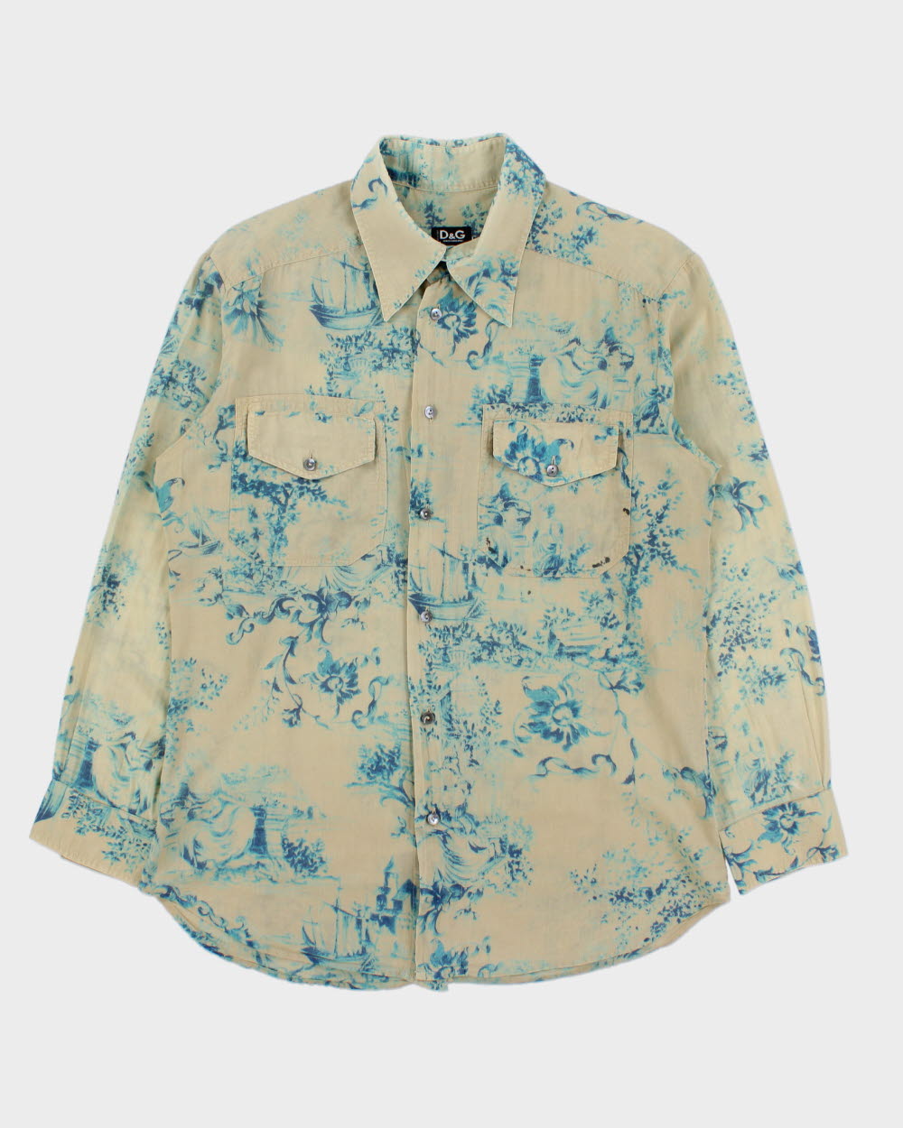 Vintage S/S 2003 Y2K D&amp;G Silk Blend Baroque Paint Long Sleeve Pocket Shirt - L
