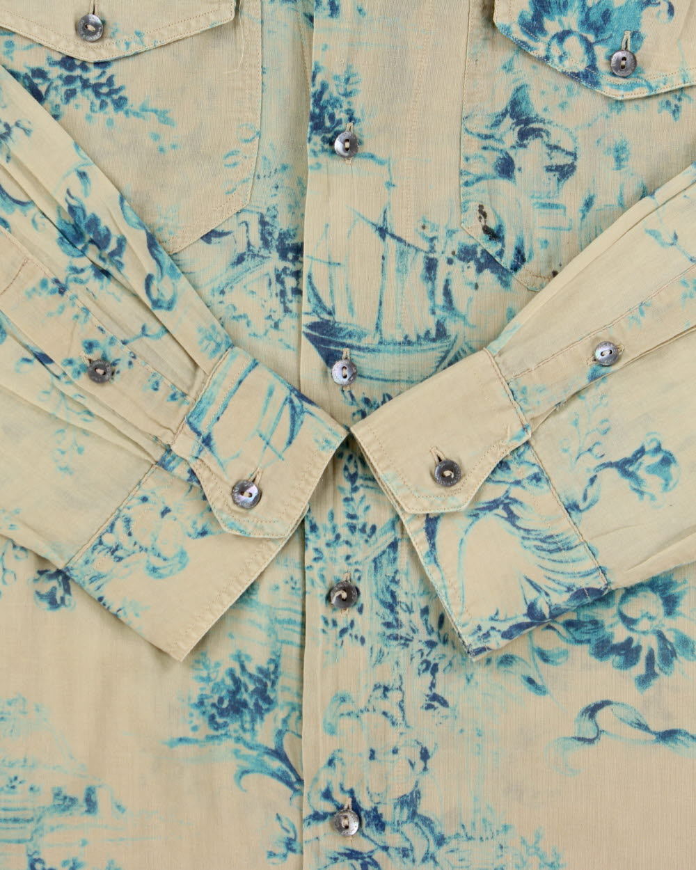 Vintage S/S 2003 Y2K D&amp;G Silk Blend Baroque Paint Long Sleeve Pocket Shirt - L