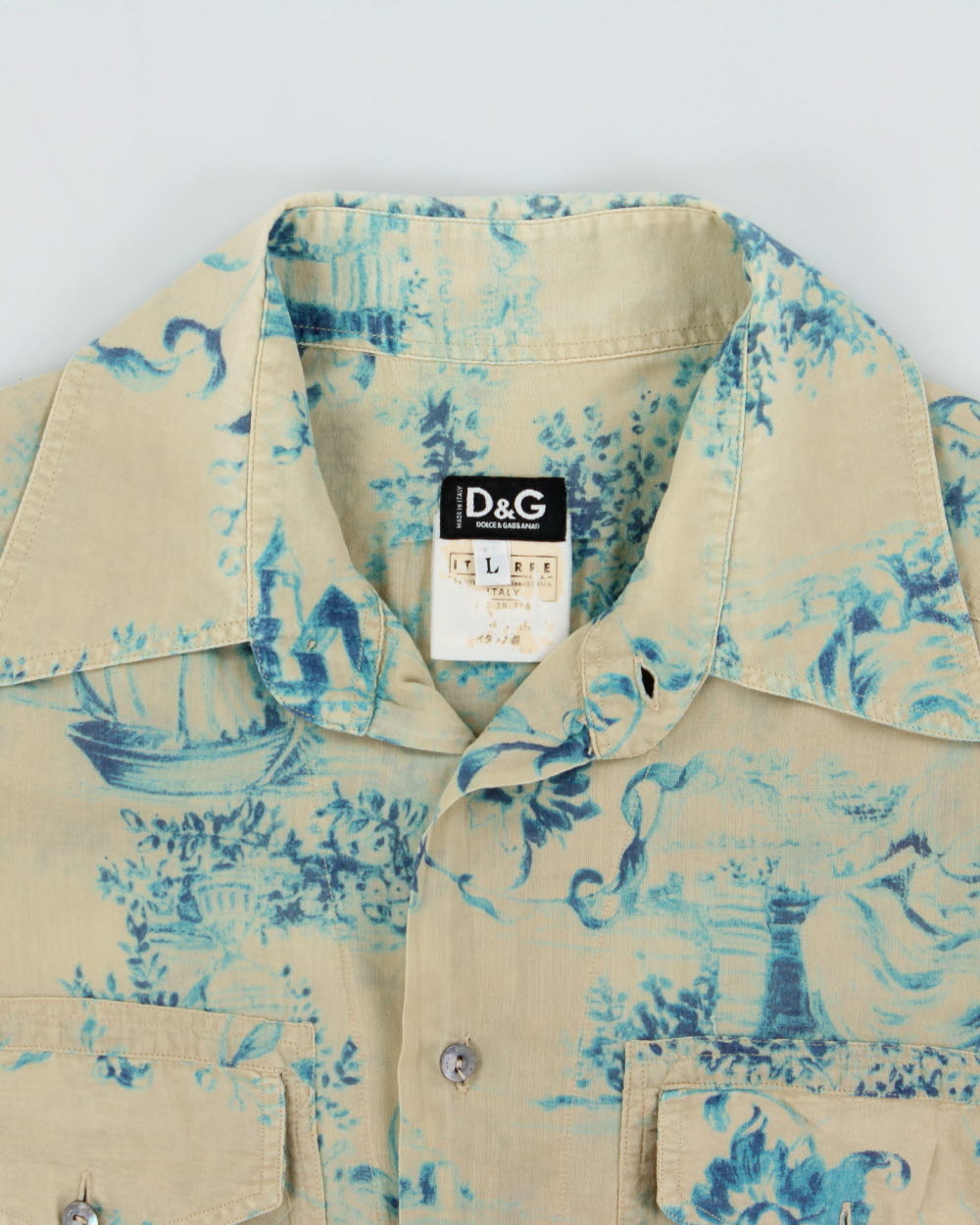 Vintage S/S 2003 Y2K D&amp;G Silk Blend Baroque Paint Long Sleeve Pocket Shirt - L
