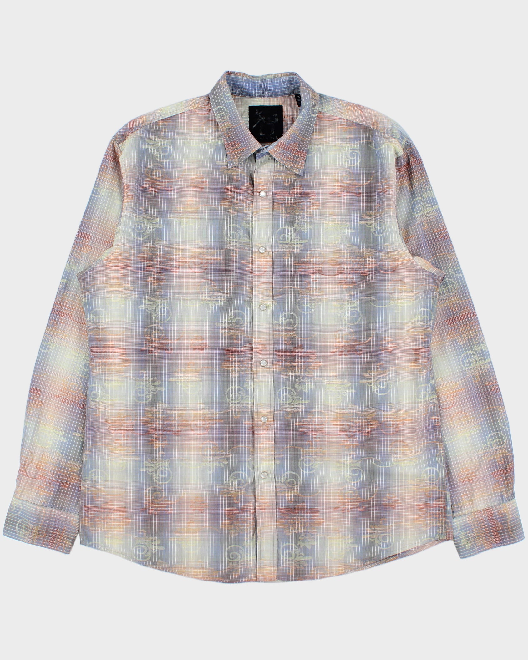 Vintage Y2K 00s Age Of Wisdom Gradient Check Pearl Snap Button Long Sleeve Baroque Shirt - XL
