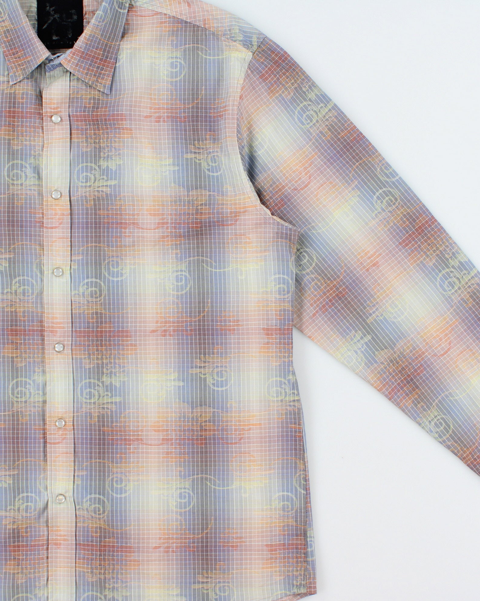 Vintage Y2K 00s Age Of Wisdom Gradient Check Pearl Snap Button Long Sleeve Baroque Shirt - XL