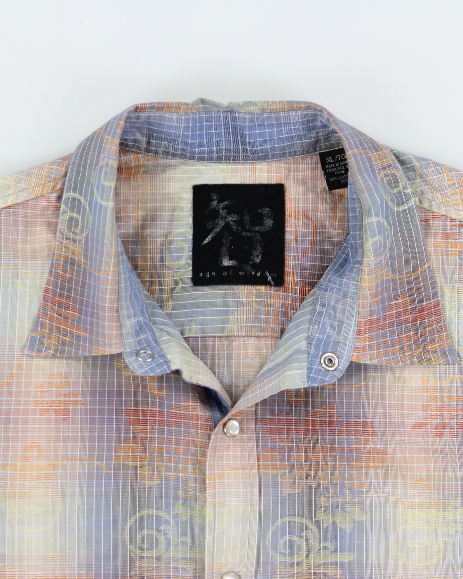 Vintage Y2K 00s Age Of Wisdom Gradient Check Pearl Snap Button Long Sleeve Baroque Shirt - XL