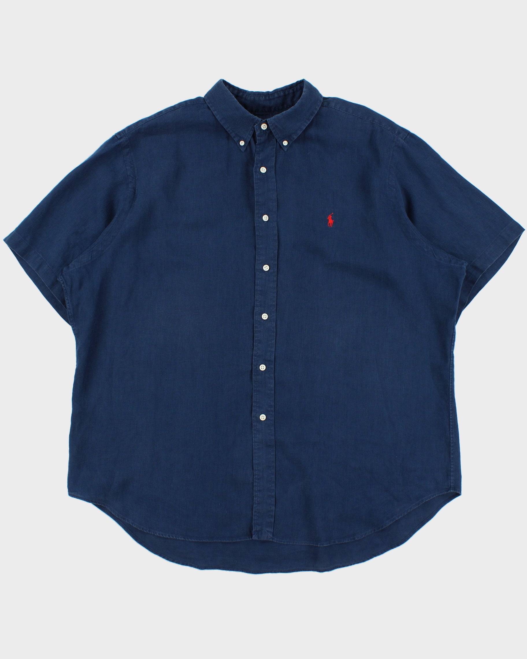 Vintage Y2K 00s Ralph Linen Navy Ocean Wash Linen Classic Fit Short Sleeve Shirt - XXL