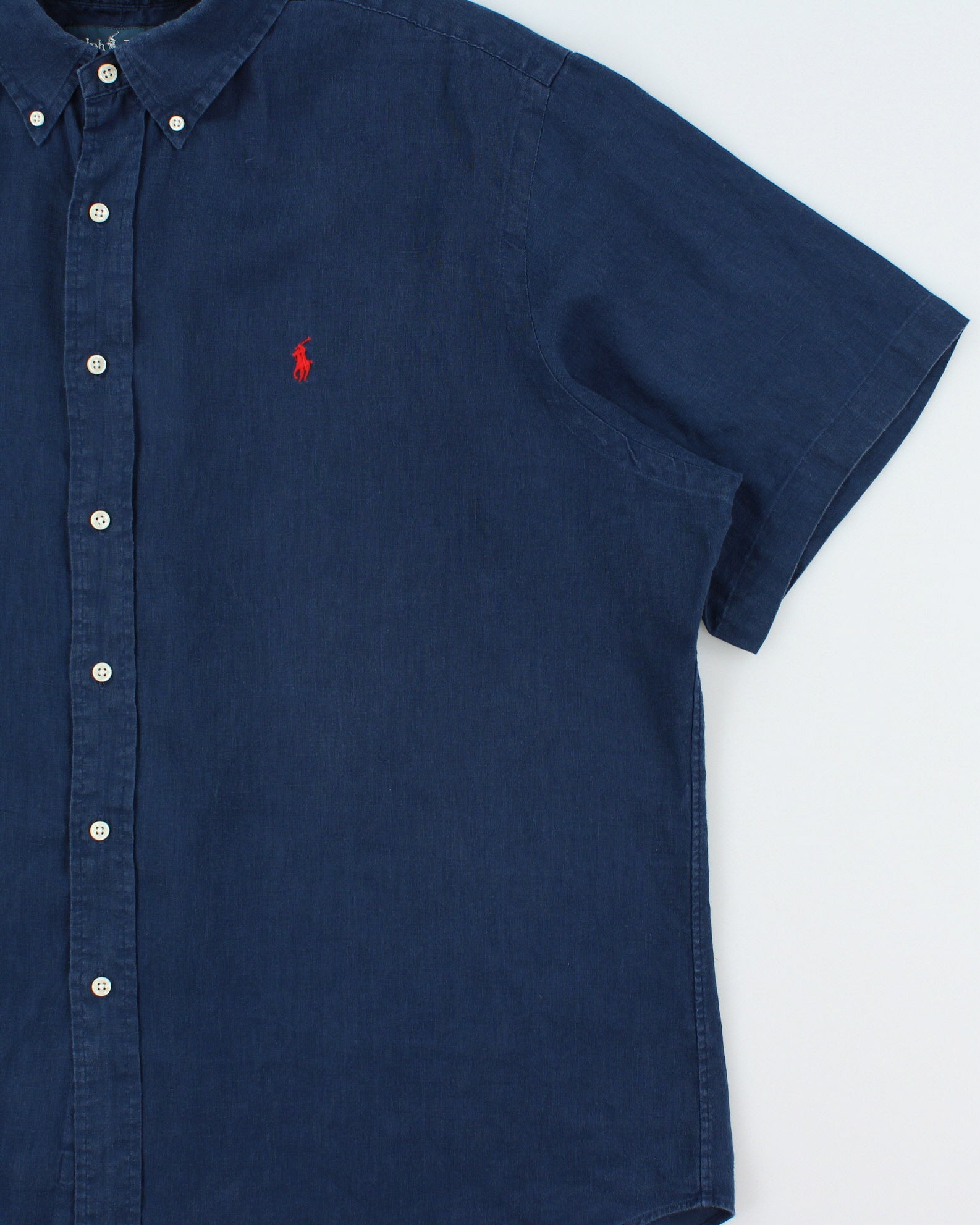 Vintage Y2K 00s Ralph Linen Navy Ocean Wash Linen Classic Fit Short Sleeve Shirt - XXL