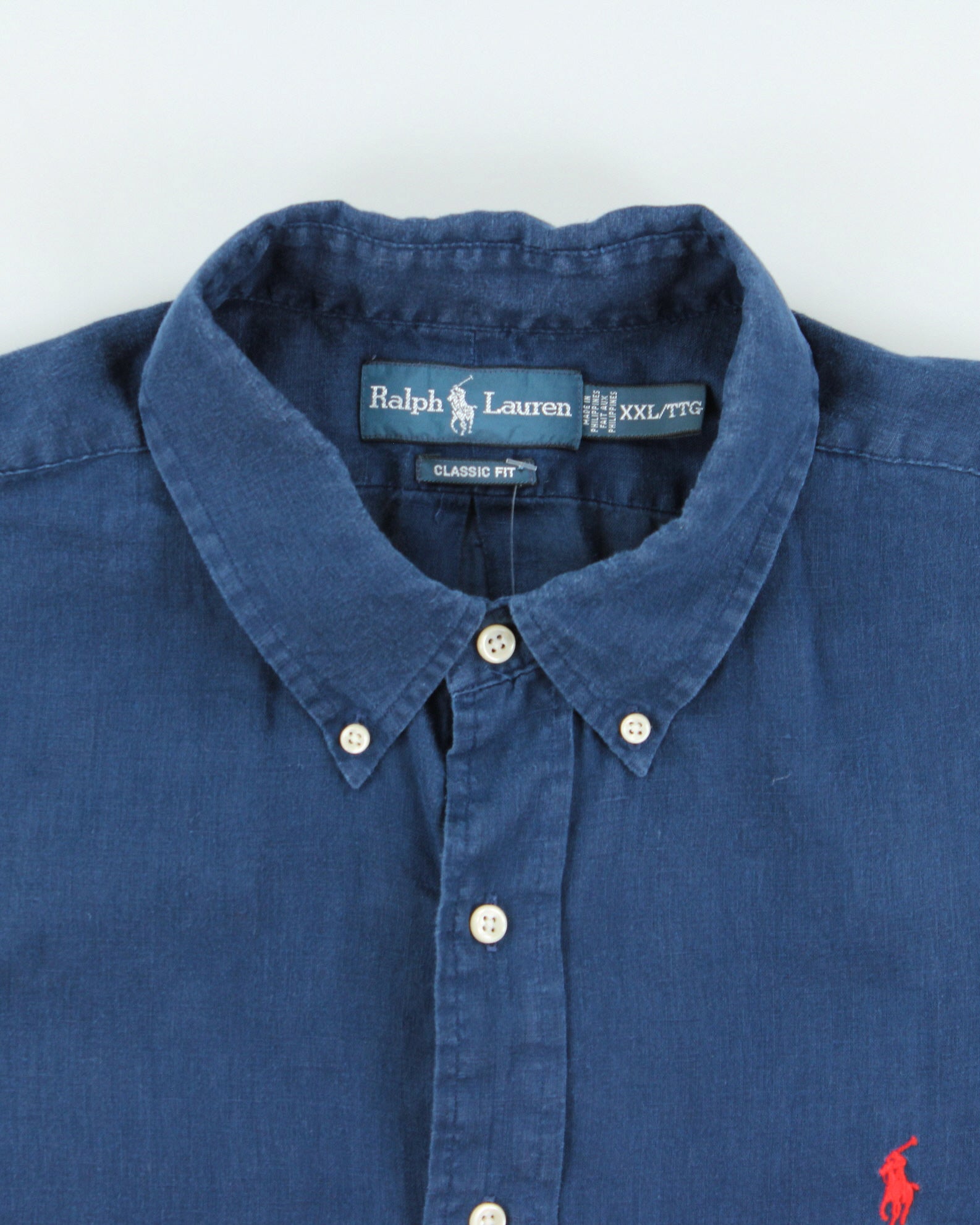 Vintage Y2K 00s Ralph Linen Navy Ocean Wash Linen Classic Fit Short Sleeve Shirt - XXL