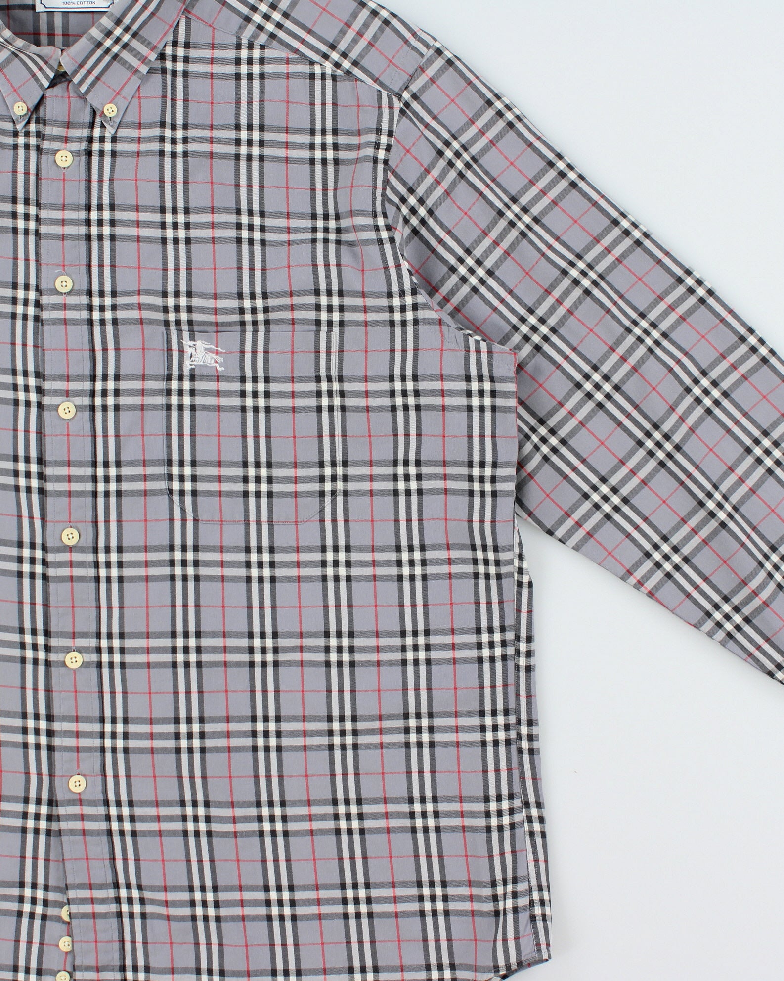 Vintage 1990s Burberry Grey Nova Check Classic Long Sleeve Shirt - L