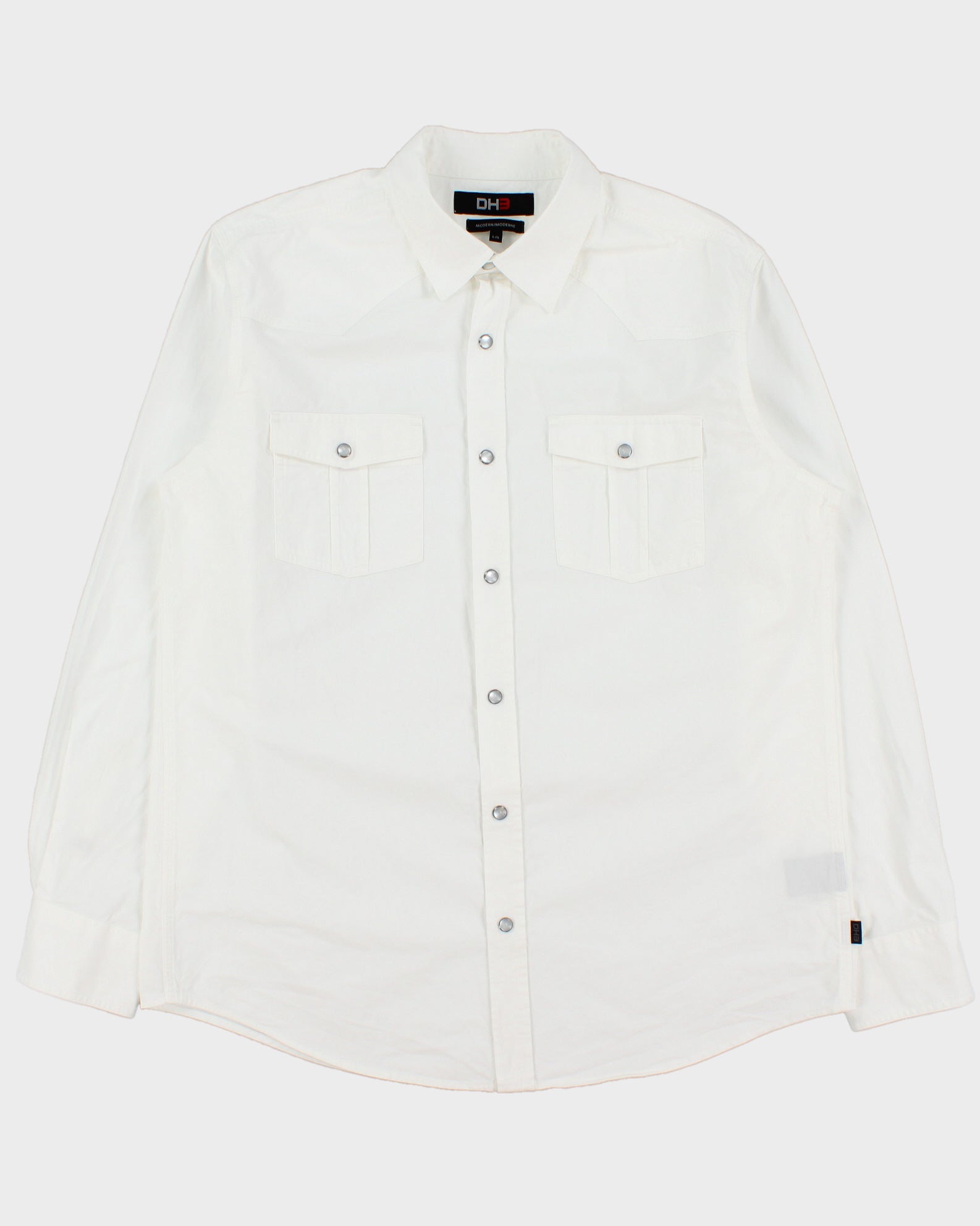 Vintage DH3 White Pearl Snap Button Modern Fit Long Sleeve Western Shirt - L