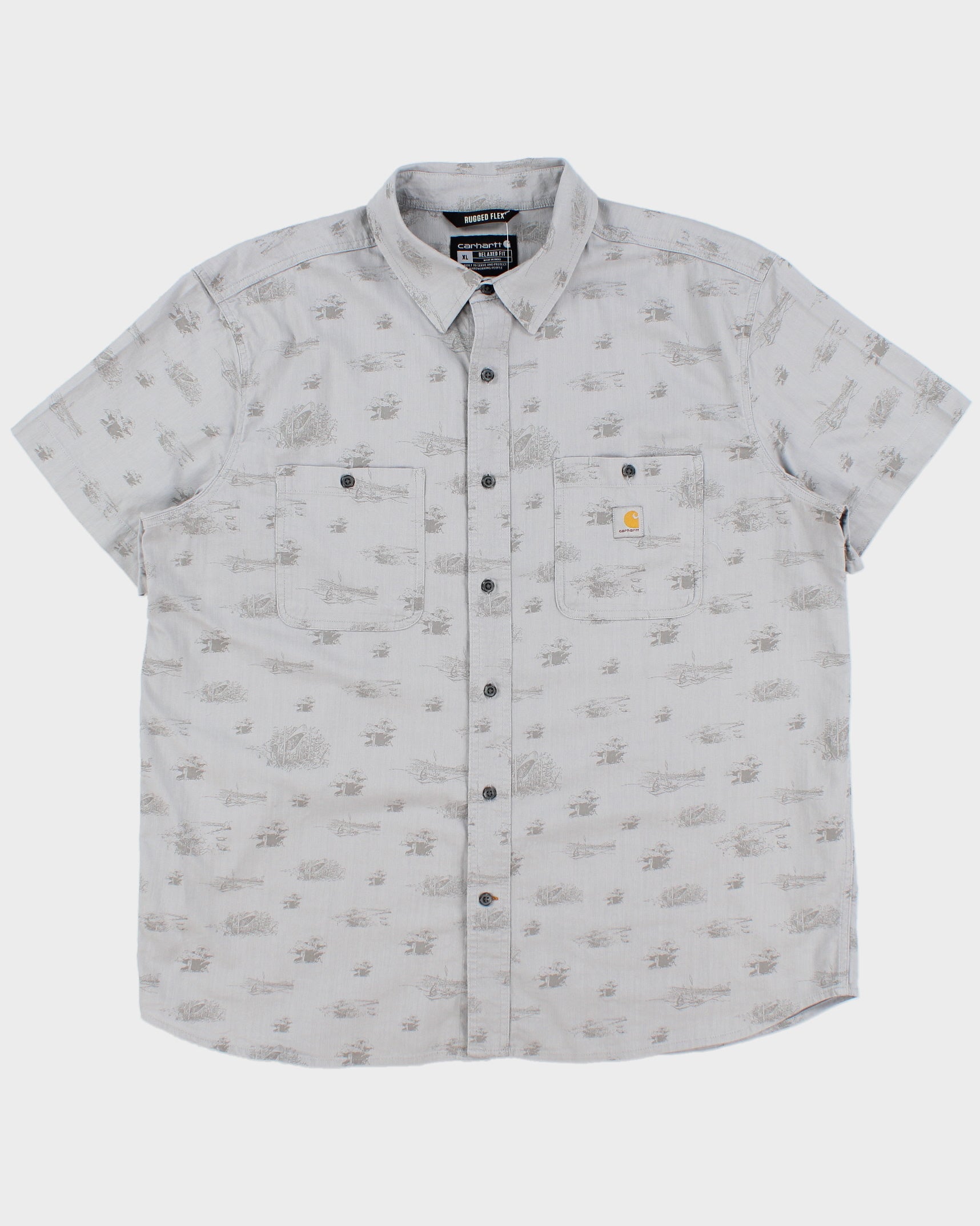 Vintage Carhartt Pale Grey Rugged Flex Camping Print Short Sleeve Pocket Shirt - XL