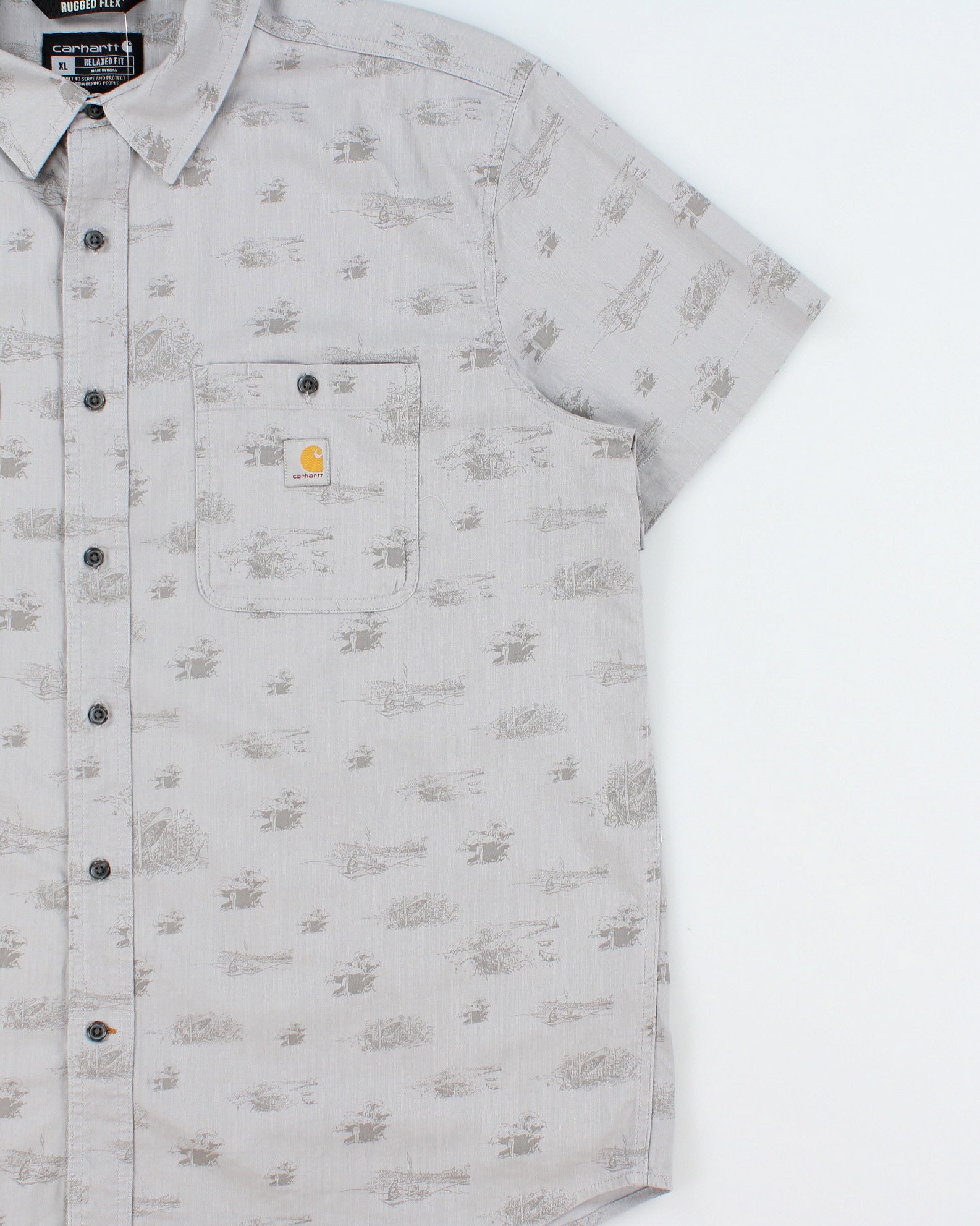 Vintage Carhartt Pale Grey Rugged Flex Camping Print Short Sleeve Pocket Shirt - XL