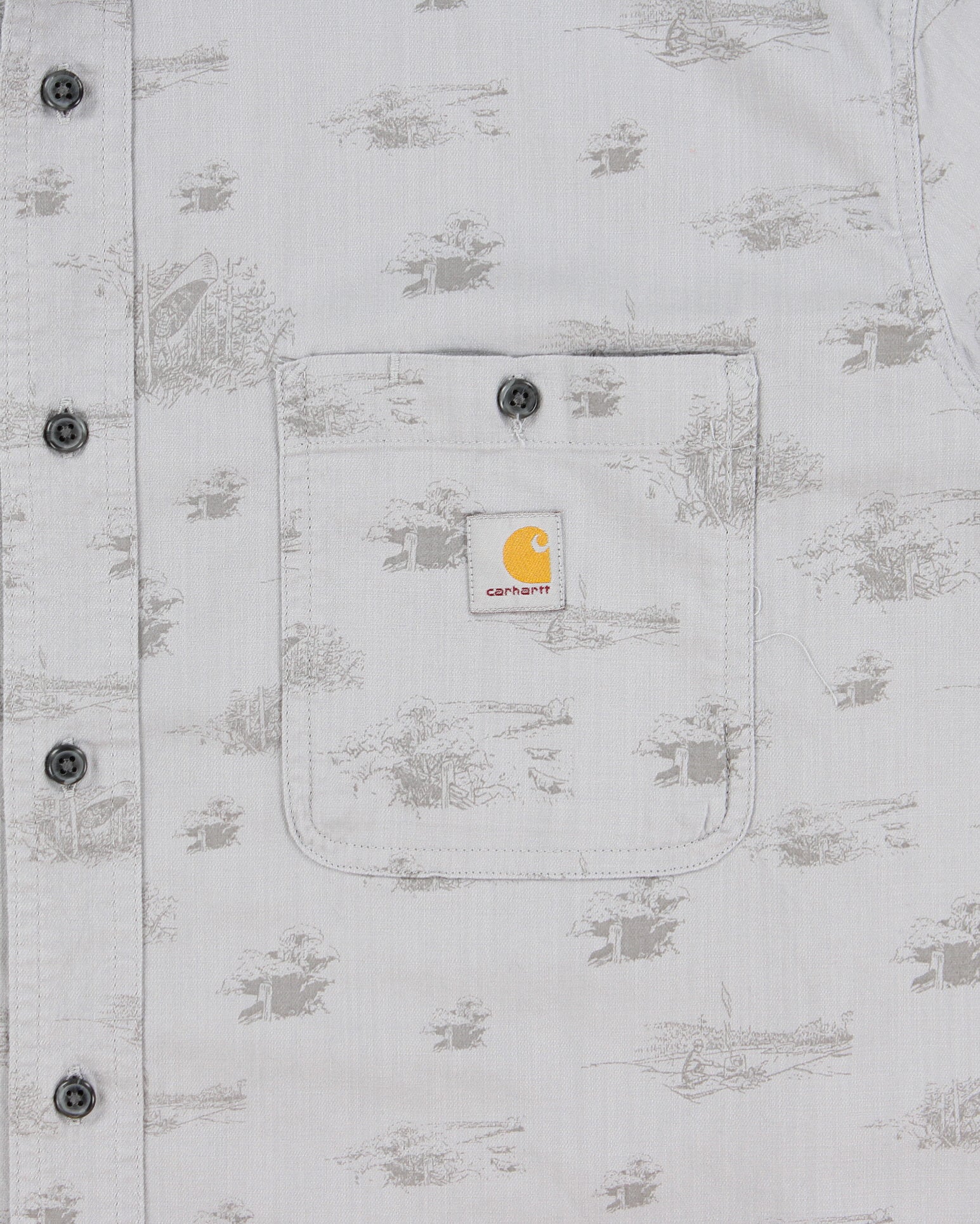 Vintage Carhartt Pale Grey Rugged Flex Camping Print Short Sleeve Pocket Shirt - XL